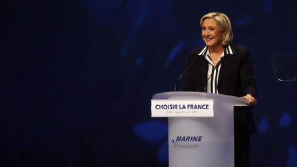 Marine Le Pen, lors de son meeting à Nice (Alpes-Maritimes), le 27 avril 2017. (VALERY HACHE / AFP)