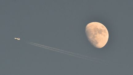 Un avion passe devant la Lune dans le ciel de Cermis (Italie) le 8 janvier 2017. (GIUSEPPE CACACE / AFP)