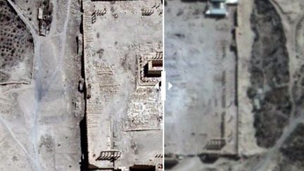 Les vues par satellite, publi&eacute;es par les Nations unies le 31 ao&ucirc;t 2015, du temple de B&ecirc;l, dans la cit&eacute; antique de Palmyre (Syrie), avant (&agrave; gauche) et apr&egrave;s sa destruction par l'Etat Islamique. (AFP / UNITAR-UNOSAT)