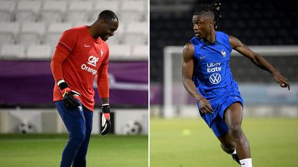 Steve Mandanda (gauche) et Eduardo Camavinga (droite) sous les couleurs de l'équipe de France, à l'entraînement, pendant la Coupe du monde 2022. (AFP)