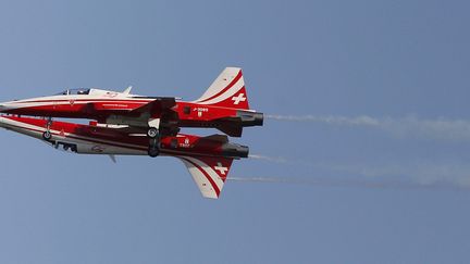 Deux avions de chasse&nbsp;F-5E des Forces a&eacute;riennes suisses en d&eacute;monstration au salon de l'a&eacute;ronotique de Berlin (Allemagne), le 19 mai 2014. (TOBIAS SCHWARZ / REUTERS)