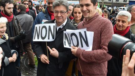 Le candidat à la présidentielle, Jean-Luc Mélenchon, le 9 avril 2016 lors d'une manifestation contre la loi Travail. (LIONEL URMAN / SIPA)