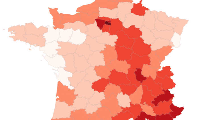 Mappa della Francia con indice dei prezzi per dipartimento.  (THEO UHART / FRANCEINFO)