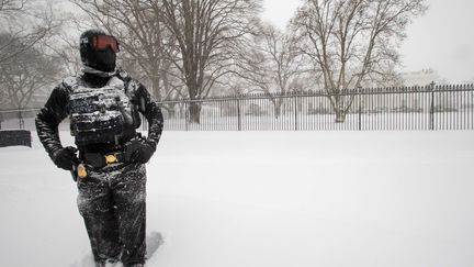 Malgré la neige, un&nbsp;policier monte la garde près de la Maison Blanche à Washington. (MANUEL BALCE CENETA / AP / SIPA)