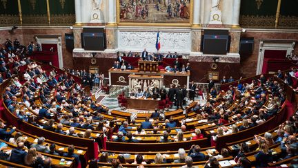 L'hémicycle de l'Assemblée nationale lors de la première session de la 16e législature, le 28 juin 2022, à Paris. (AMAURY CORNU / HANS LUCAS / AFP)