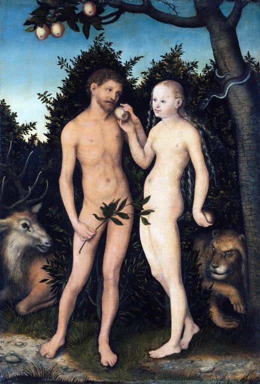 "Adam et Eve au paradis" Peinture de Lucas Cranach l'ancien (1472-1553) 1531 Staatliche Museen, Berlin Allemagne 
 (DeAgostini/Leemage)