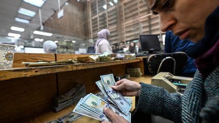 Une femme compte des billets de dollars américains dans une banque de Damas, le 16 décembre 2024. (LOUAI BESHARA / AFP)