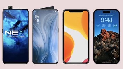 Le Vivo NEX, l'OPPO Reno, l'iPhone X et l'iPhone 14 Pro d'Apple (de gauche à droite). (VIVO | OPPO | APPLE)