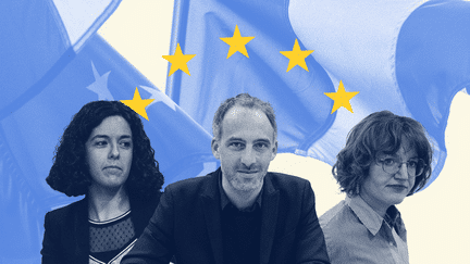 Manon Aubry (LFI), Raphaël Glucksmann (Parti socialiste) et Marie Toussaint (Les Ecologistes), têtes de liste aux élections européennes du 9 juin 2024. (PAULINE LE NOURS / FRANCEINFO)