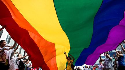 Des manifestants transgenres dansent sous le drapeau arc-en-ciel à Manille (Philippines), le 24 juin 2017. (NOEL CELIS / AFP)