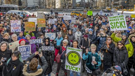 Des manifestants protestent contre la volonté de Donald Trump d'abroger la loi "Obamacare", le 15 janvier 2017, à New York (Etats-Unis). (ERIK MCGREGOR / PACIFIC PRESS / LIGHTROCKET / GETTY IMAGES)