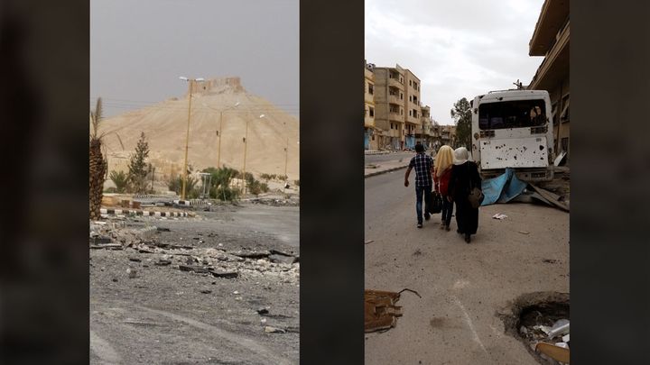 &nbsp; (Des habitants reviennent dans le centre-ville détruit par Daech. A gauche, la citadelle, vue depuis le centre-ville. © Radio France / Valérie Crova)