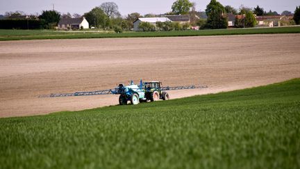 Un tracteur traite des cultures avec des pesticides dans un champ, le 4 mars 2018, à Paris. (NICOLAS KOVARIK / MAXPPP)