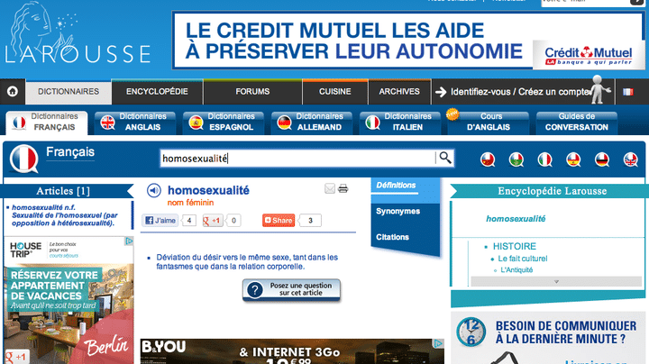 Capture d'&eacute;cran du site Larousse.fr avant le changement de d&eacute;finition, vendredi 6 juillet 2012.