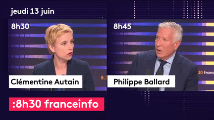 Clémentine Autain (LFI) et Philippe Ballard (RN) étaient les invités du 8.30 franceinfo de ce jeudi 13 juin. (FRANCEINFO / RADIO FRANCE)