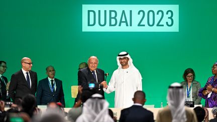 COP27 President, Egyptian Foreign Minister Samih Shukri (left), and COP28 President, UAE Minister of Industry and Advanced Technology, Sultan al-Jaber (right), in Dubai (United Arab Emirates), November 30, 2023. (WALEED ZEIN / ANADOLU)