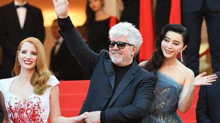 Le président du jury Pedro Almodovar est apparu bien entouré sur le tapis rouge, avec à ses bras Fan Bingbing (à droite) et Jessica Chastain (à gauche), membres du jury également. 
 (Anne-Christine Poujoulat / AFP)