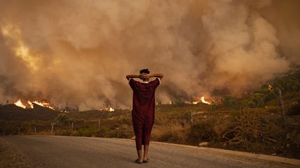 Feux de forêt dans la région de Chefchaouen, dans le nord du Maroc, le 15 août 2021.&nbsp; (FADEL SENNA / AFP)