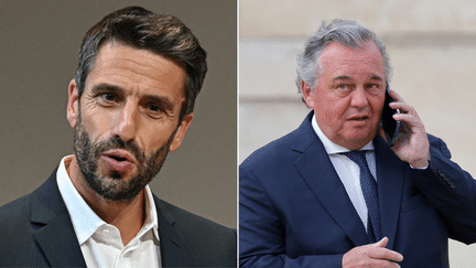 Tony Estanguet (à gauche), président de Paris 2024, et Olivier Ginon (à droite), président de GL Events. Illustration. (Fabrice COFFRINI / Ludovic MARIN / AFP)