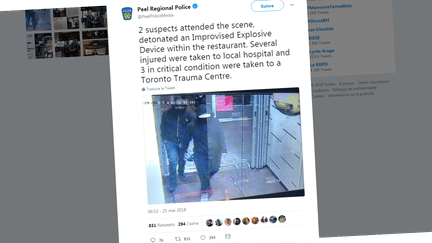 La photo des deux personnes suspectées d'avoir provoqué l'explosion d'une bombe dans un restaurant de&nbsp;Mississauga, près de Toronto (Canada), jeudi 24 mai 2018. (PEEL REGIONAL POLICE / TWITTER)