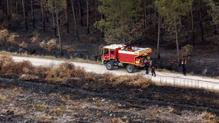 Le feu à Landiras (Gironde) est désormais fixé, après avoir brûlé 13 800 hectares.&nbsp; (BENOIT TESSIER / POOL / AFP)