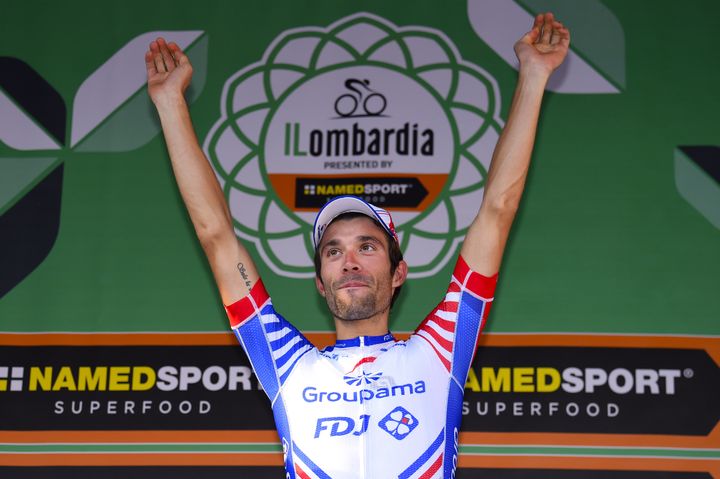 Thibaut Pinot lors du Tour de Lombardie, le 13 octobre 2018 à Côme (Italie). (DARIO BELINGHERI / BETTINIPHOTO / AFP)