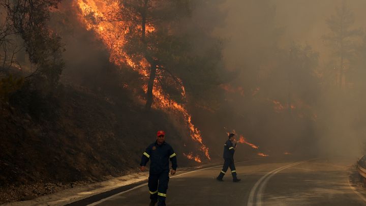 Firefighters mobilized on the fire affecting the village of Varnavas, north of Athens (Greece), on August 11, 2024. (COSTAS BALTAS / AFP)