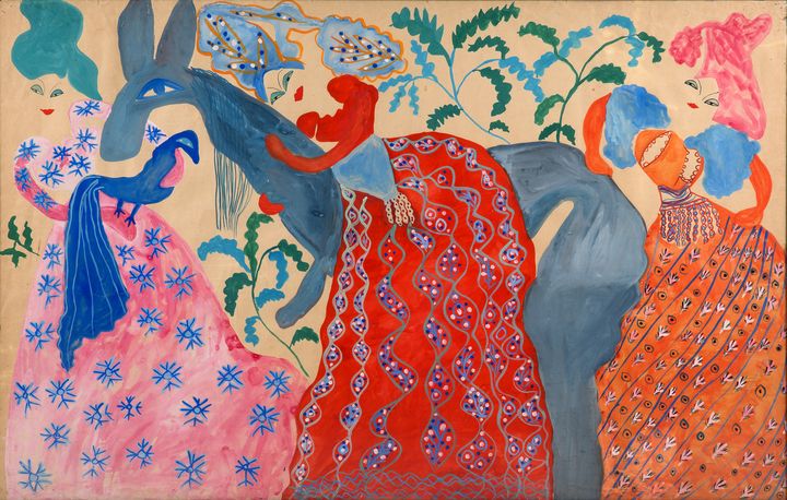 Baya, L'Âne bleu, ca 1950. Gouache sur papier, 100 x 150 cm. Collection Kamel Lazaar Foundation. (Rodolphe Alepuz)