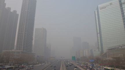 Le centre-ville de P&eacute;kin (Chine) plong&eacute; dans un &eacute;pais nuage de pollution, le 15 janvier 2014. (THOMAS BAIETTO / FRANCETV INFO)