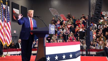 Former Republican President Donald Trump during a rally at Clinton Middle School on January 6, 2024 in Clinton, Iowa.  (SCOTT OLSON/GETTY IMAGES NORTH AMERICA)