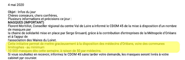 Message du Conseil de l’ordre des médecins du Loiret à ses adhérents. (CAPTURE Ordre des médecins 45 / RADIO FRANCE)