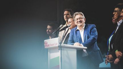 Le fondateur de La France insoumise, Jean-Luc Mélenchon, le soir du second tour des élections législatives, à Paris, le 7 juillet 2024. (VIRGINIE HAFFNER / HANS LUCAS / AFP)