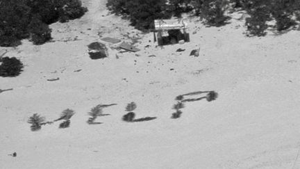 Un message "Help" dessiné à l'aide de feuilles de palmiers par des marins bloqués sur l'île de Pikelot, le 11 avril 2024. (US COAST GUARD / AFP)