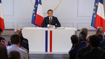 Emmanuel Macron lors de sa conférence de presse, jeudi 25 avril 2019.&nbsp; (LUDOVIC MARIN / AFP)