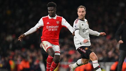 L'attaquant Bukayo Saka lors du match Arsenal-Manchester United, le 22 janvier 2023. (GLYN KIRK / AFP)