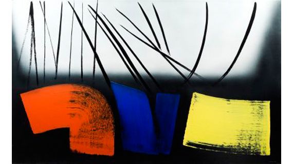 Hans Hartung (1904-1989),&nbsp;T 1973-E12,&nbsp;1973, acrylique sur toile,&nbsp;154x250 cm. (COPYRIGHT : ADAGP 2011 / FONDATION POUR L&rsquo;ART, GEN&Egrave;VE, PHOTOGRAPHIE SANDRA POINTET)