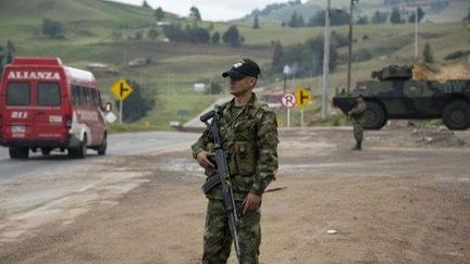 Les militaires colombiens surveillent une route à Villa Pinzon, dans la région de Cundinamarca, en Colombie, le 28 avril, 2014. (AFP PHOTO / EITAN ABRAMOVICH)