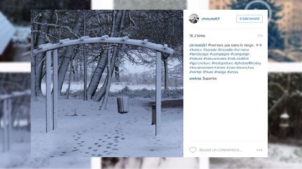 Une photo des premières neiges prise en Lorraine&nbsp;et&nbsp;publiée sur le réseau social Instagram par "chrisota57", le 15 janvier 2016.&nbsp; (CHRISOTA57)