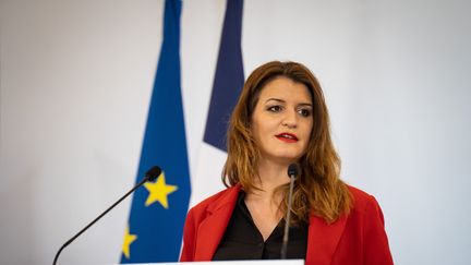 La ministre déléguée à la Citoyenneté, Marlène Schiappa, lors d'une conférence de presse au ministère de l'Intérieur, à Paris, le 27 mai 2021. (ANTOINE DE RAIGNIAC / HANS LUCAS / AFP)