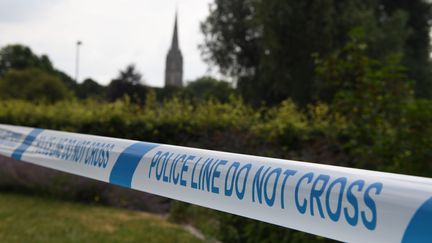 Un ruban de la police entourant les jardins de la Reine Elizabeth à Salisbury, dans le sud de l'Angleterre, le 5 juillet 2018, en lien avec l'enquête après qu'un homme et une femme aient été retrouvés inconscients ce qui a été identifié plus tard comme l'agent nerveux Novichok. (CHRIS J RATCLIFFE / AFP)