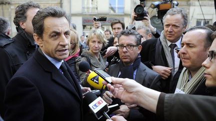 Nicolas Sarkozy au&nbsp;coll&egrave;ge-lyc&eacute;e Fran&ccedil;ois-Couperin, &agrave; Paris (4e arrondissement), le 20 mars 2012. (ERIC FEFERBERG / AFP)