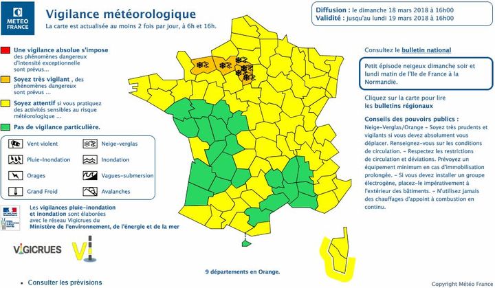 Carte de vigilance de Météo France, le 18 mars 2018. (METEO FRANCE)