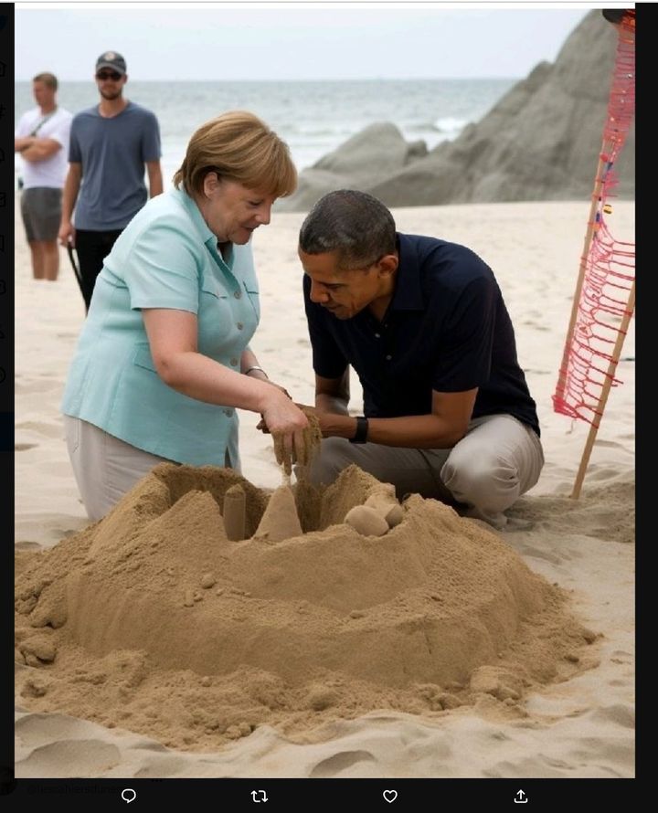 Une image de Barack Obama et Angela Merkel faisant des châteaux de sable circulant sur Twitter. (CAPTURE D'ECRAN / TWITTER)