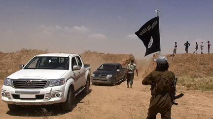 Un militant brandit le drapeau de l'Etat islamique, le 11 juin 2014, le long de la nouvelle route r&eacute;cemment ouverte &agrave; la fronti&egrave;re irako-syrienne. (ALBARAKA NEWS / HO / AFP)