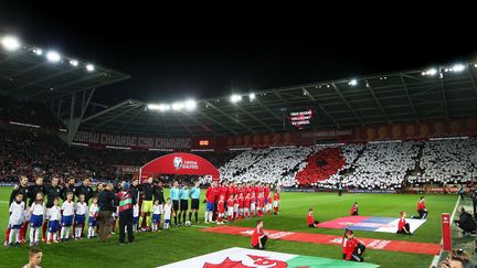 Des supporters gallois forment un coquelicot dans les tribunes du match opposant le pays de Galles à la Serbie, le 12 novembre 2016, à Cardiff (Royaume-Uni).&nbsp; (JAMES MARSH / BACKPAGE IMAGES LTD / AFP)