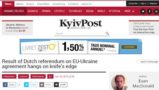 Capture d'écran du «Kyiv Post» en date du 7-4-2016. Traduction du titre: «Le résultat du référendum néerlandais sur l'accord UE-Ukraine sur le fil du rasoir»