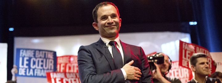 Benoît Hamon, candidat à la primaire de la gauche, lors d'un meeting à Marseille, le 13 janvier 2017. (IAN HANNING / REA)