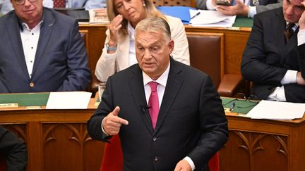 Hungarian Prime Minister Viktor Orban speaks at Parliament in Budapest on September 30, 2024. (ATTILA KISBENEDEK / AFP)