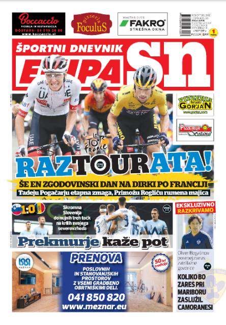 Primoz Roglic et Tadej Pogacar en Une de Ekipa SN, le quotidien sportif slovène.