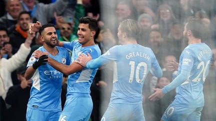 L'Algérien Riyad Mahrez (Manchester City) célèbre son but contre Manchester United en Premier League, le 6 mars 2022 à l'Etihad Stadium. (MARTIN RICKETT / MAXPPP)